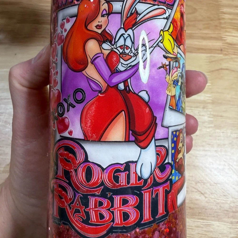 Handmade Sequins Red Who Framed Roger Rabbit Skinny Can Cooler Tumbler Cup - Picture 7 of 9
